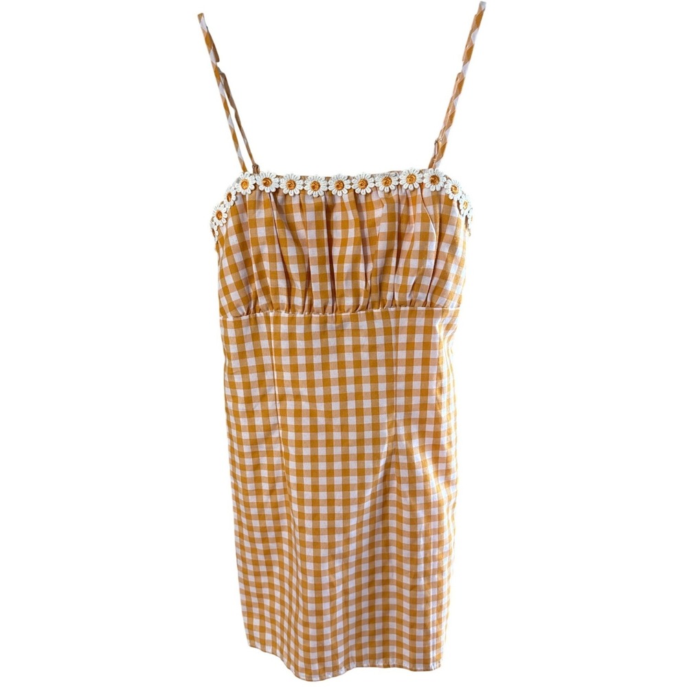 Orange Gingham Daisy Trim Mini Dress Smocked Back Cottagecore Sun Dress